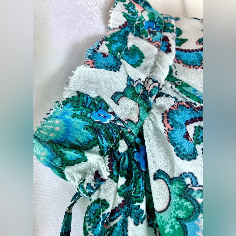 Loft Floral Paisley Ruffle Bottom Long-sleeved Blouse w/ String Tie - Picture 11 of 11